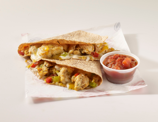 Pulled chicken, onions, peppers, cheddar cheese and mozzarella cheese folded in a whole-grain tortilla and halved 