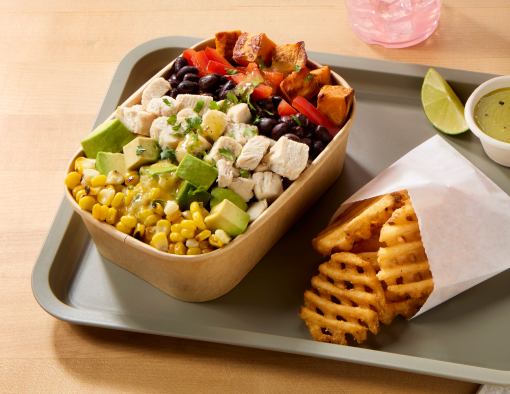 Southwest Chicken & Sweet Potato Bowl with a side of fries
