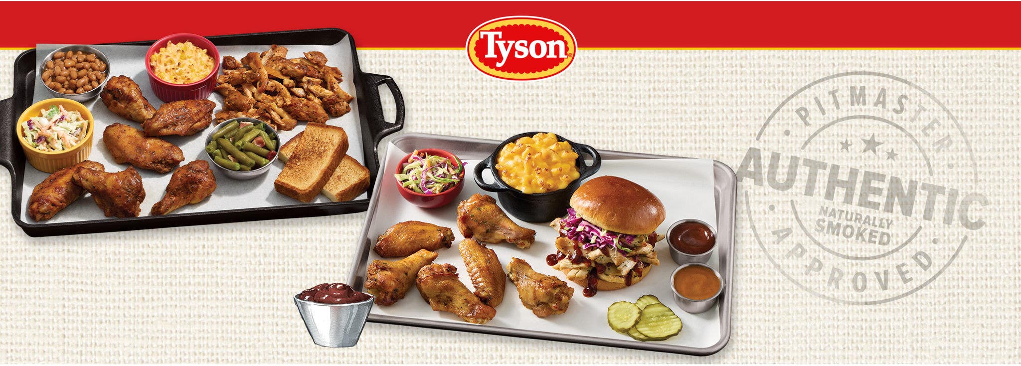 Tyson Pitmaster image showing trays of smoked chicken wings, sides, and a barbecue sandwich, with Tyson logo and Authentic Smoked stamp