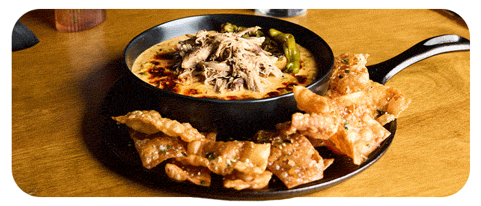Five images rotating through an appetizer, boneless wings, a hot dog, a pizza and sliced beef sliders 