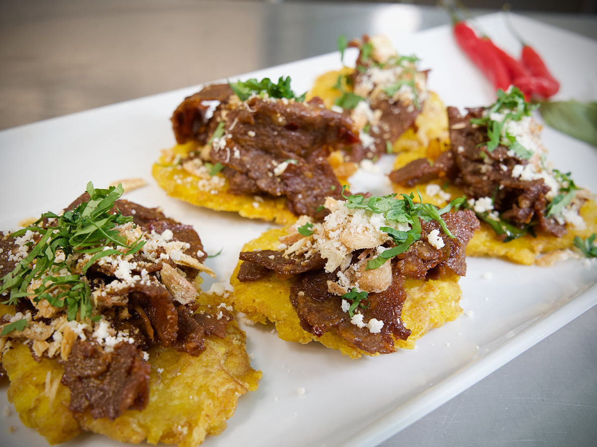 Thai Basil Beef Tostones featuring Steak-EZE® Redi Steak® Fully Cooked Philly Style Beef Sliced Steak.