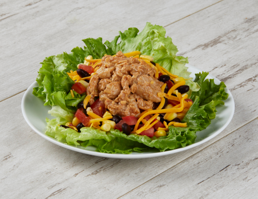 Barbecued pulled chicken, blank bean and corn salsa and shredded cheese on a plate of bib lettuce 