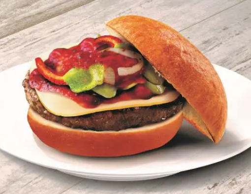 Grilled beef burger with onion, green and red bell peppers, marinara sauce and provolone cheese on a whole grain bun 