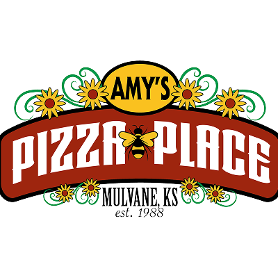 Amy's Pizza Place logo with sunflower and vines