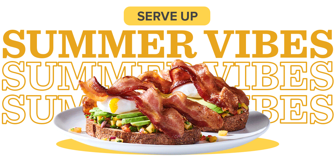 toasted sandwich topped with Pico de Gallo, sliced avocado, bacon and an over-easy egg