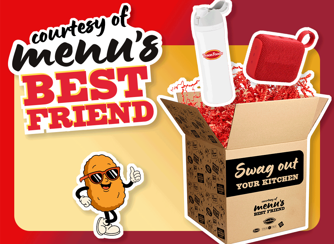 Text saying courtesy of menu’s best friend and a kit of chicken-themed swag