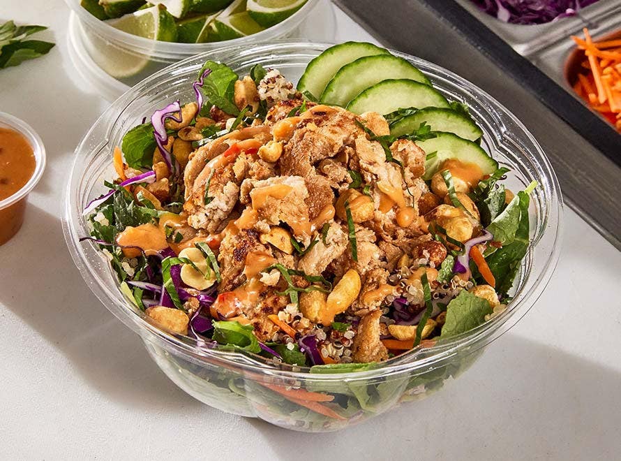 sliced chicken on a bed of kale and quinoa with carrots, cabbage, cucumber and basil
