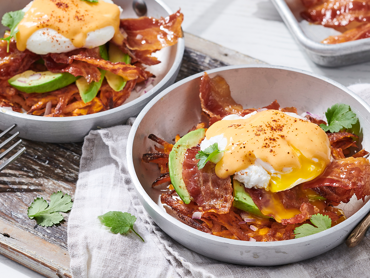 How to make a delicious Smoky-Sweet Potato Eggs Benedict featuring Jimmy Dean® Fully Cooked Hickory Smoked Bacon Slices.