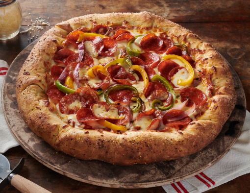 Sliced Pepperoni, topped with savory pizza sauce, mozzarella cheese and a blend of sweet bell peppers