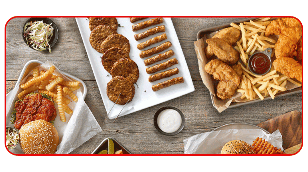 A variety of breakfast sausages, a breaded chicken sandwich, and chicken wings showcasing a diverse product line