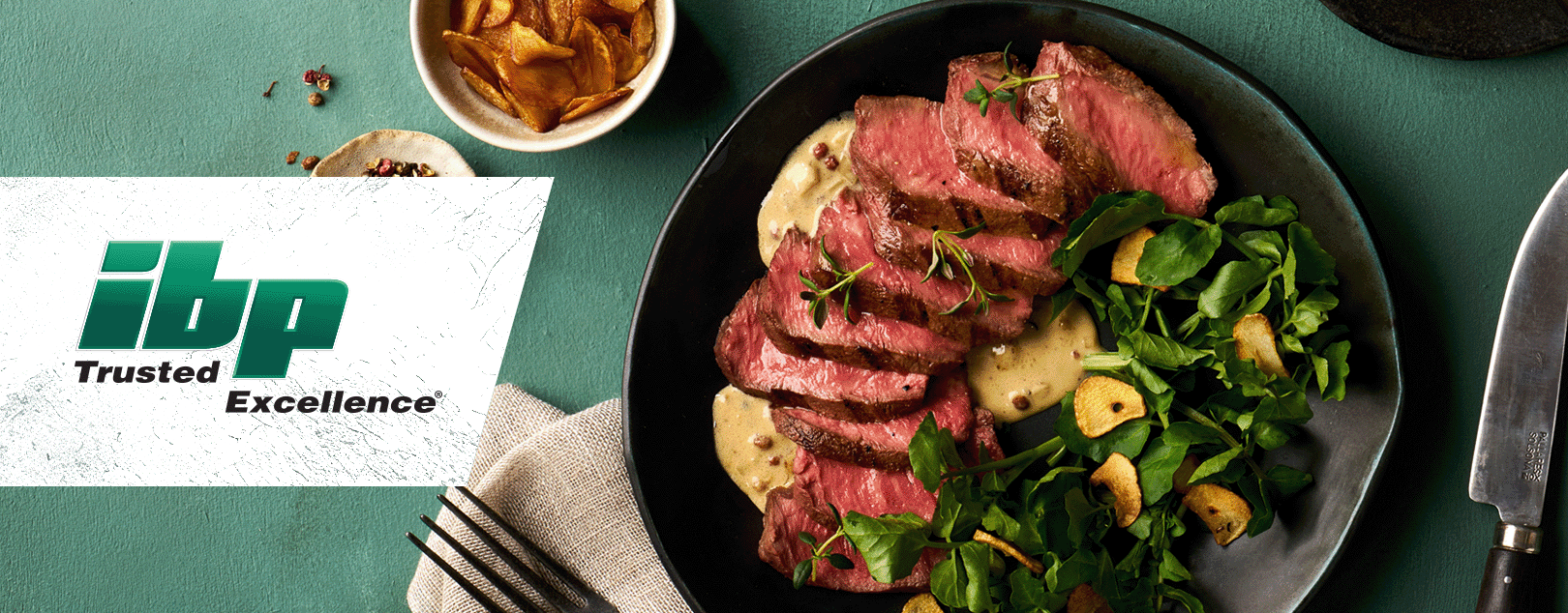 ibp Trusted Excellence® brand logo with images of quality menu items featuring fresh beef  from ibp Trusted Excellence® brand