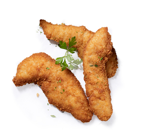 Three golden breaded chicken tenderloins arranged on a white background, lightly seasoned, with a small parsley garnish for presentation