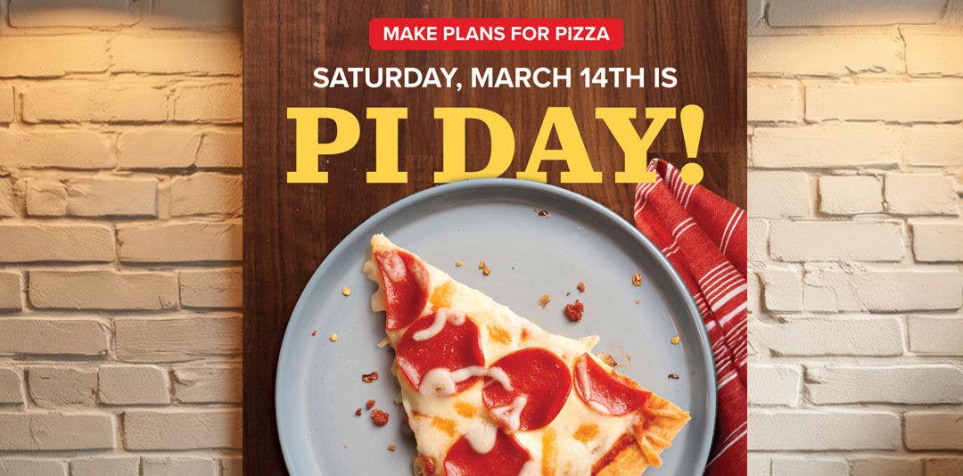Pi Day promotional window poster with a slice of pizza on a plate