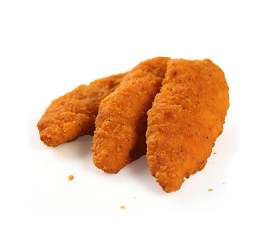 Three value breaded chicken tenders with a crispy orange-golden coating arranged on a white background, highlighting texture and seasoning