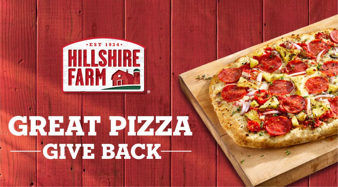 Hillshire Farm's 'Great Pizza Give Back' promotional image with a pepperoni pizza