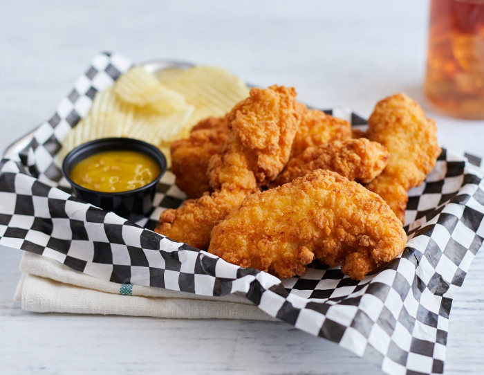 Golden crispy select cut chicken tender fritters with toast and dipping sauce