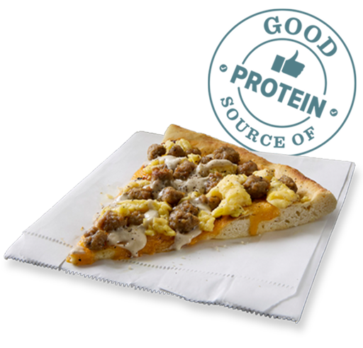 breakfast pizza slice featuring sausage crumbles and gravy with ‘Good Source of Protein’ stamp in blue