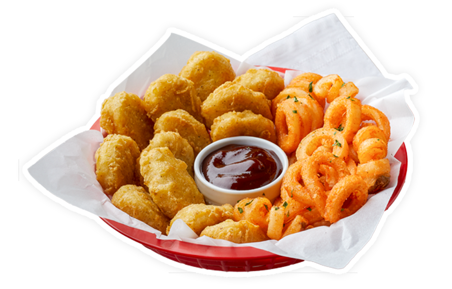 Chicken breast nuggets with sauce and curly fries