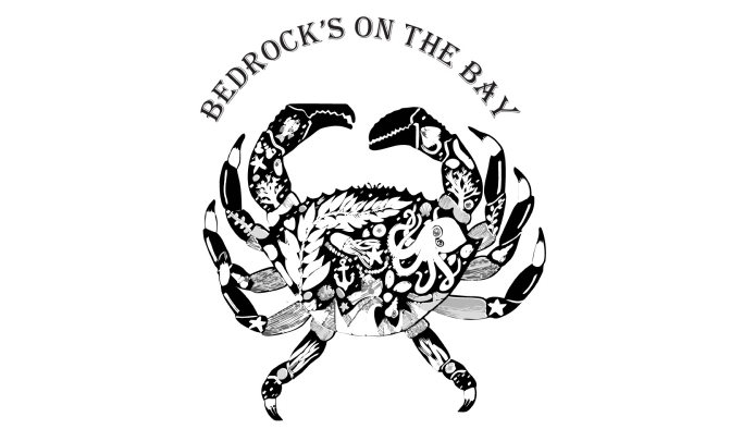 Bedrock's on the Bay logo: a crab filled with intricate black and white illustrations of sea life