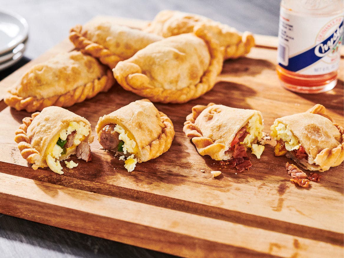Breakfast Empanadas featuring Jimmy Dean® Fully Cooked Original Skinless Pork Sausage Links and Jimmy Dean® Fully Cooked Bacon Pieces ½”. 