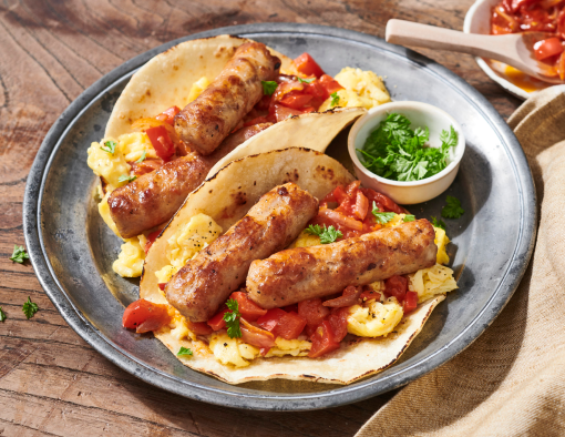 Breakfast tacos with scrambled eggs, sausage, tomatoes, and herbs on a rustic plate
