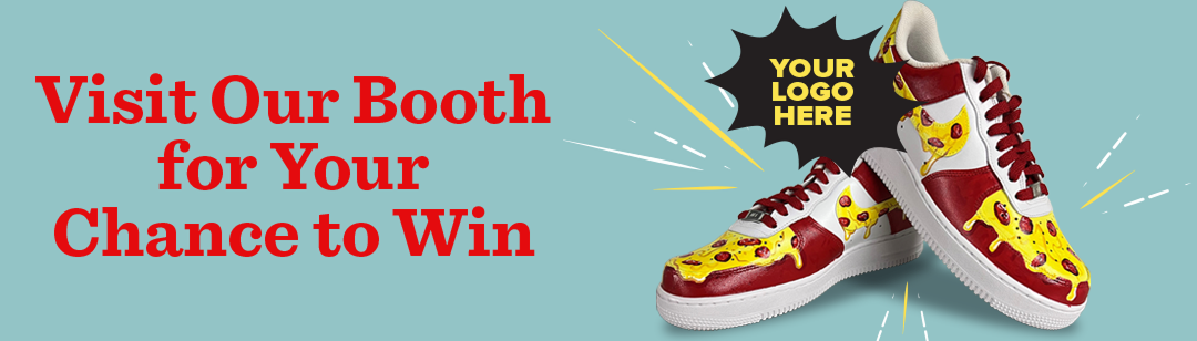 sneakers with hand-painted pizza design with “Your Logo Here” message in a burst