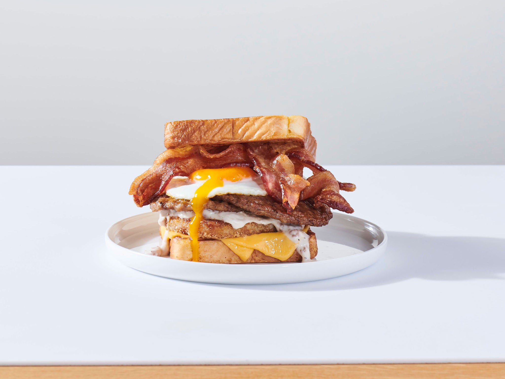 Image of Lumberjack Stack Breakfast Sandwich on a platter.