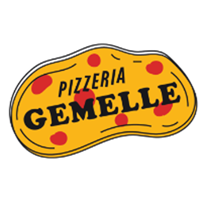 Pizzeria Gemelle logo with a yellow background, red pepperoni dots, and bold black text 'PIZZERIA GEMELLE'