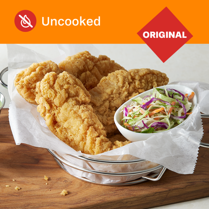 Tyson Red Label® Uncooked Authentically Crispy Original Chicken Tenderloin Fritters in basket with a side of slaw