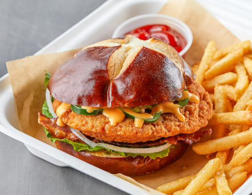 Cheesy Chicken Filet Sandwich with a side of fries