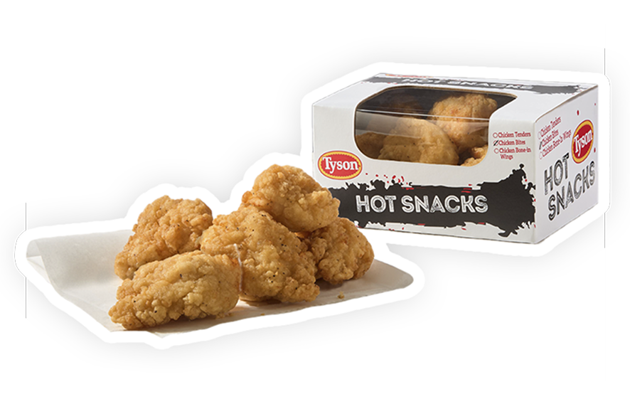 Chicken breast chunk fritters next to Tyson branded box