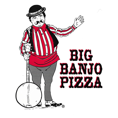 Big Banjo Pizza logo with a smiling man in a bowler hat holding a banjo