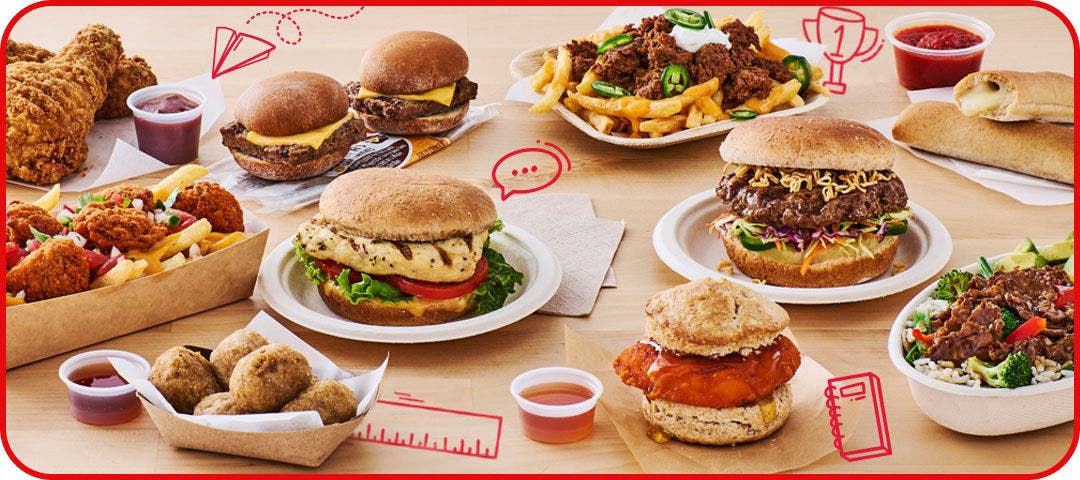 Assorted meals such as burgers, chicken sandwiches, burritos, beef bowls