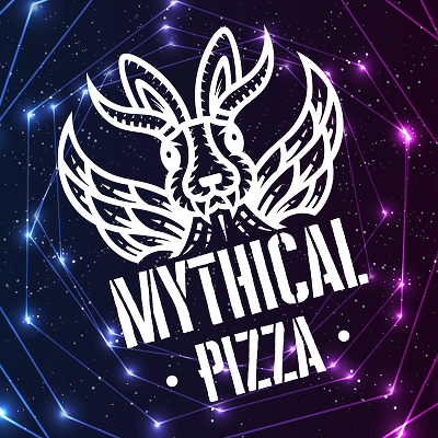 Mythical Pizza logo featuring a white, stylized winged jackalope against a purple and blue space background with geometric constellations