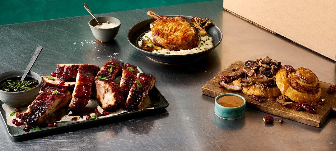 variety of prepared menu items featuring ibp Trusted Excellence® brand fresh pork products
