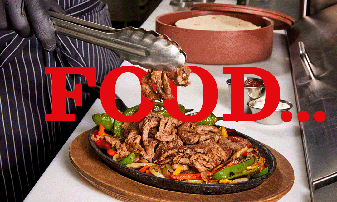 chef prepping a steak fajita, a chef prepping a chicken taco, and someone holding a breaded chicken nacho