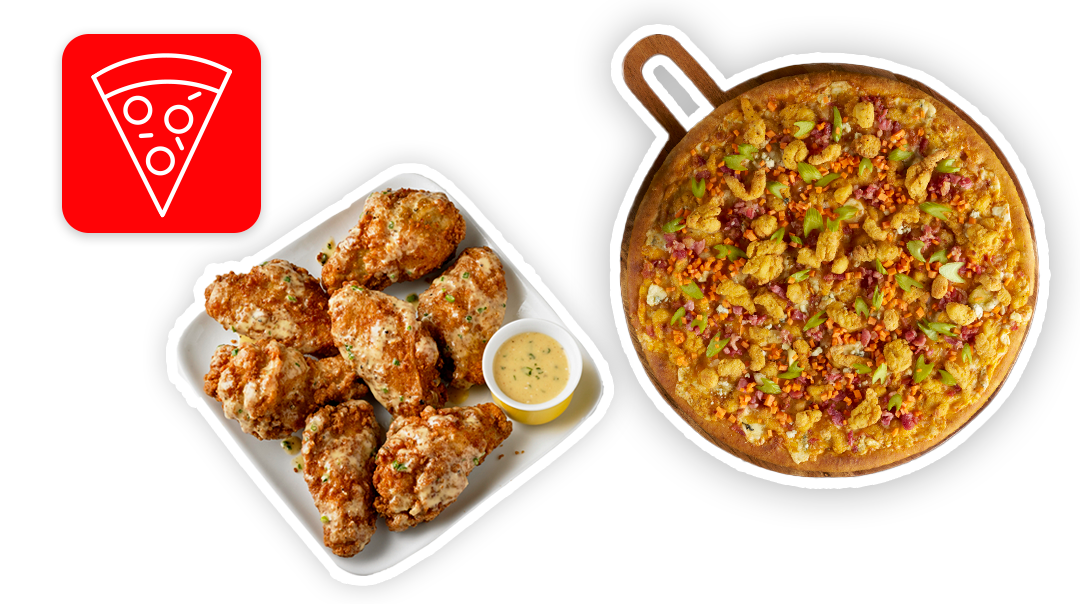 A loaded pizza next to a plate of chicken wings and a red pizza slice icon