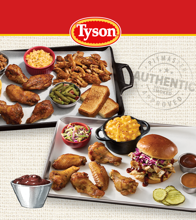 Tyson Pitmaster image showing trays of smoked chicken wings, sides, and a barbecue sandwich, with Tyson logo and Authentic Smoked stamp
