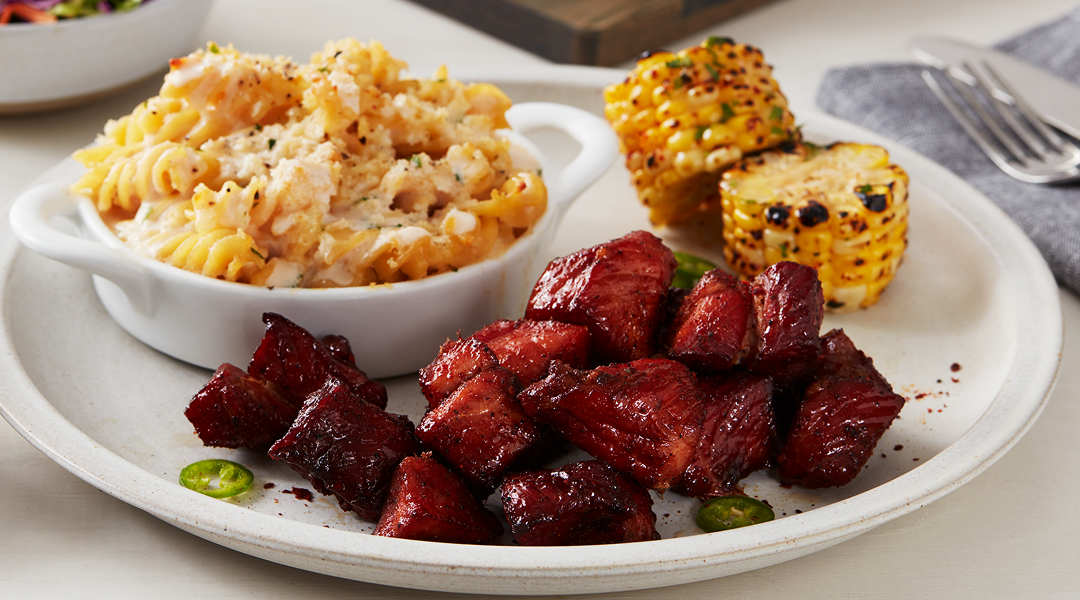 BBQ with a side of corn and mac-and-cheese