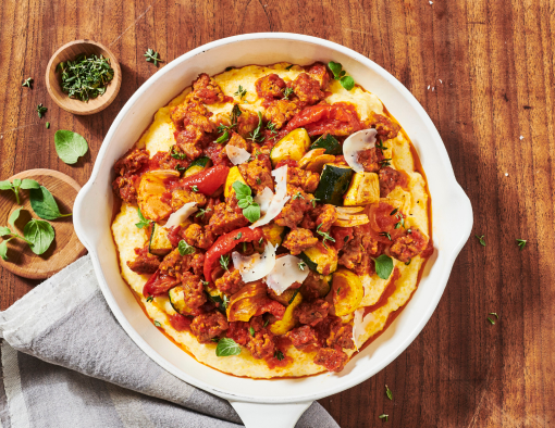A delicious ragout featuring Italian Sausage served over creamy polenta
