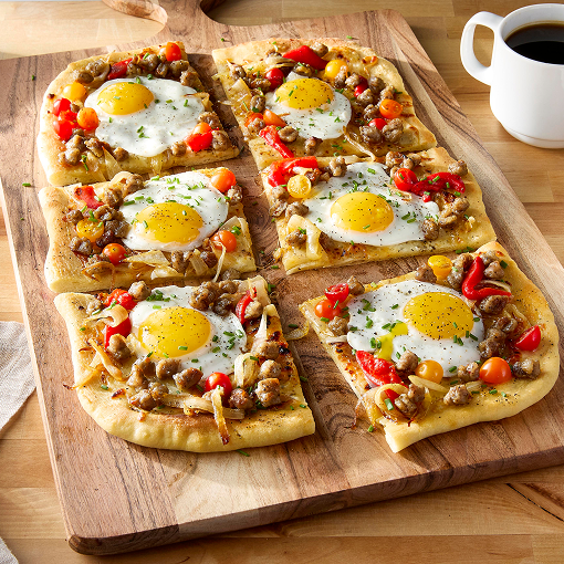 Sunny side up breakfast sausage pizza