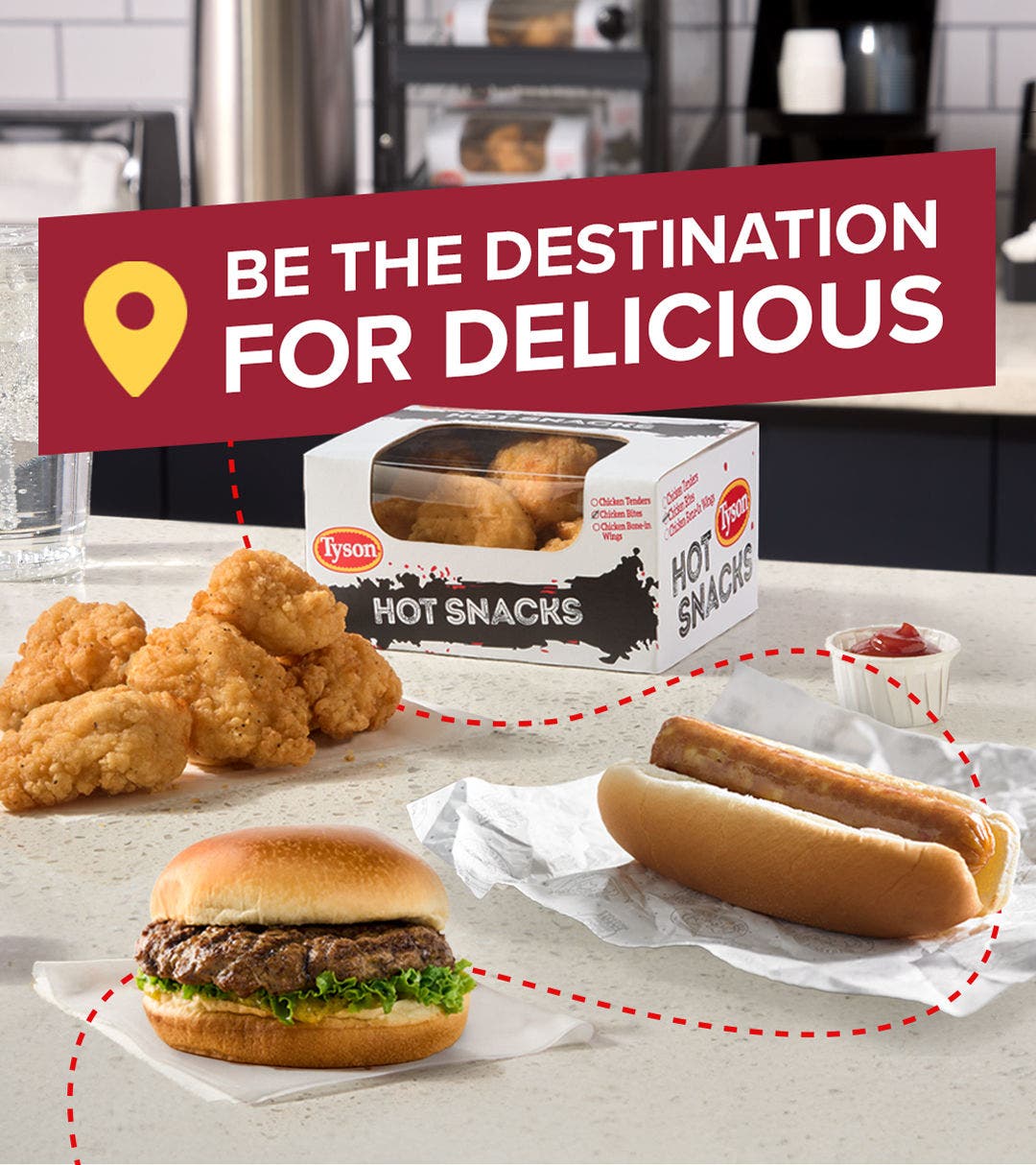 hamburger, polish sausage and breaded hot snacks on C-store counter