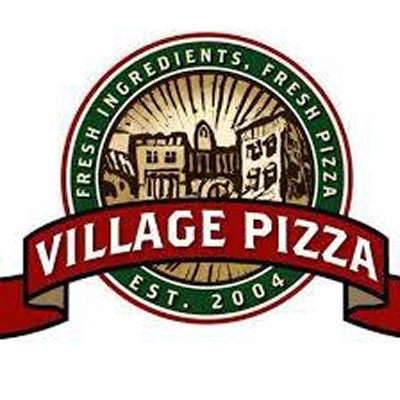 Village Pizza logo with a village scene, 'Fresh Ingredients, Fresh Pizza' on a green ring, and 'Village Pizza' on a red banner