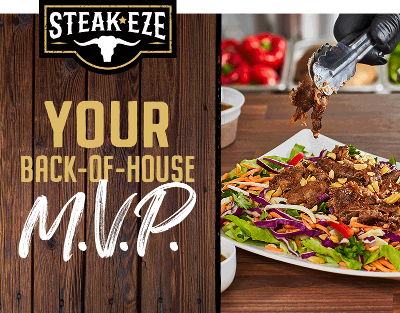 Steak-Eze logo with a philly southwestern salad image and side sauce.