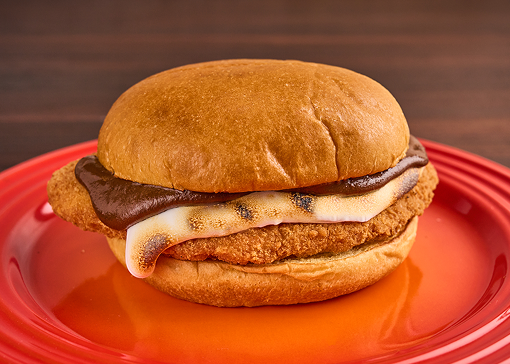 crispy chicken filet topped with chocolate mole sauce and bruleed marshmallow fluff