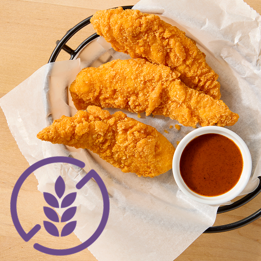 Gluten-free breaded chicken tenderloins with dipping sauce, ideal for foodservice gluten-sensitive menu offerings.