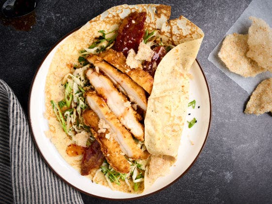 Asian Crispy Chicken Bacon Crepe on a Plate