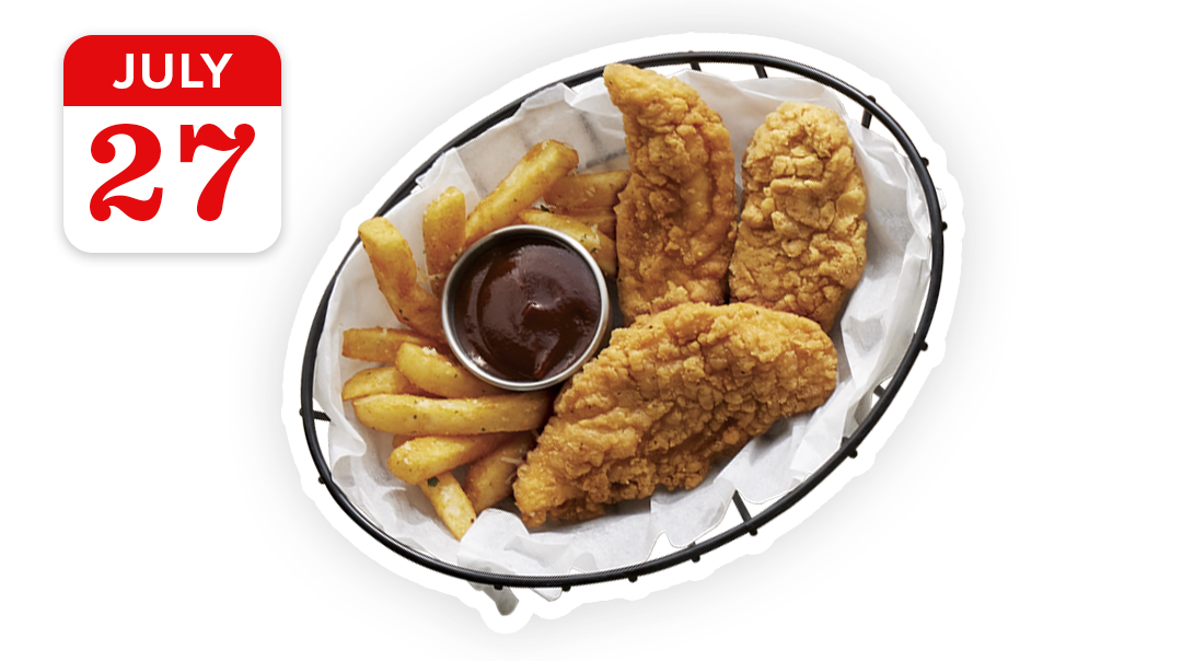chicken tenders, sauce and fries in serving basket