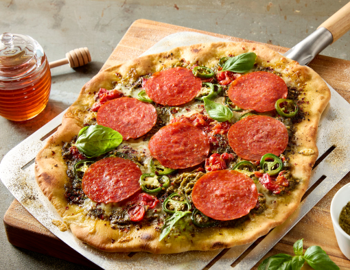 Sweet and spicy tomato basil pepperoni pizza