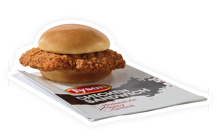 A hot and spicy chicken sandwich situated atop a Tyson branded bag